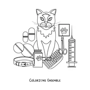 Image à colorier d’un chat à côté des instruments du vétérinaire
