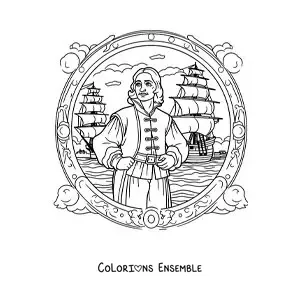 Image à colorier de Christophe Colomb tout mignon avec les caravelles