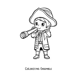 Image à colorier de Christophe Colomb version kawaii avec une longue-vue