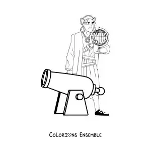 Image à colorier de Christophe Colomb tout mignon avec un canon et un globe terrestre