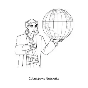 Image à colorier de Christophe Colomb tout mignon avec un globe terrestre