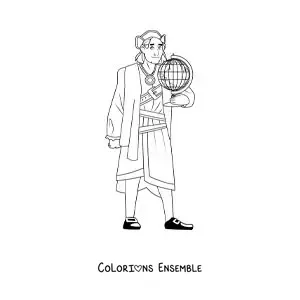 Image à colorier de Christophe Colomb en dessin animé avec un globe terrestre