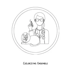 Image à colorier d’une vétérinaire et d’un chat portant une collerette