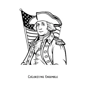 Image à colorier de George Washington version dessin animé avec le drapeau des États-Unis