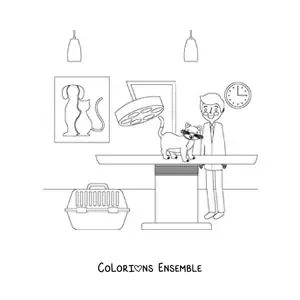 Image à colorier d’un vétérinaire et d’un chat à la clinique vétérinaire