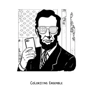 Image à colorier d’Abraham Lincoln moderne avec des lunettes et le drapeau des États-Unis