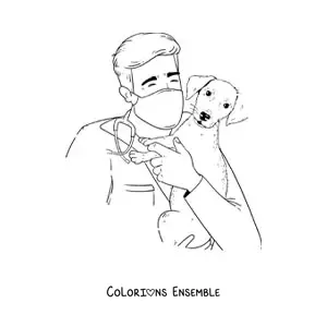 Image à colorier d’un vétérinaire tenant un chiot