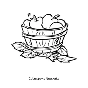 Image à colorier d’un seau en bois rempli de pommes et entouré de feuilles