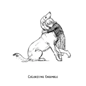 Image à colorier d’une fille câlinant un chien assis