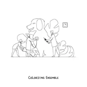 Image à colorier de plusieurs vétérinaires soignant un chien géant
