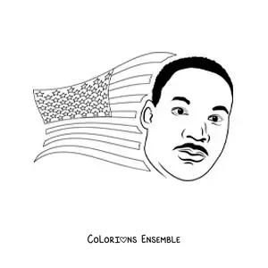 Image à colorier de Martin Luther King version dessin animé avec le drapeau des États-Unis