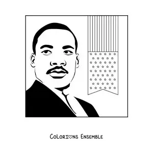 Image à colorier d’un portrait de Martin Luther King avec le drapeau des États-Unis