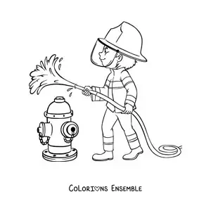 Image à colorier d’un pompier éteignant le feu avec une lance à incendie