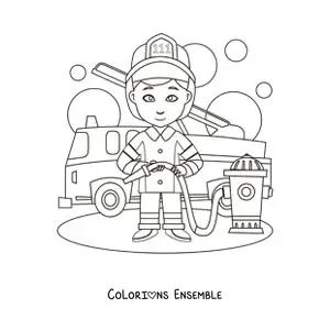 Image à colorier d’un pompier en dessin animé à côté d’un camion de pompiers