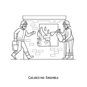 Image à colorier de deux pompiers éteignant un incendie