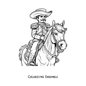 Image à colorier d’Emiliano Zapata sur son cheval pendant la Révolution mexicaine