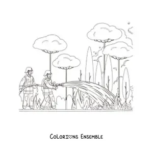 Image à colorier de deux pompiers éteignant un feu de forêt