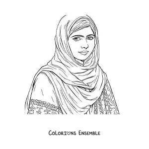 Image à colorier d’un portrait réaliste de Malala Yousafzai