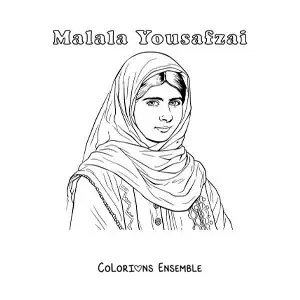 Image à colorier d’un portrait de Malala Yousafzai avec son nom