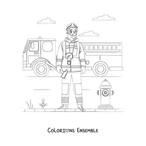Image à colorier d’un pompier en uniforme devant un camion de pompiers