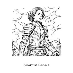 Image à colorier de Jeanne d'Arc en dessin animé, style comics, au cœur d'une bataille