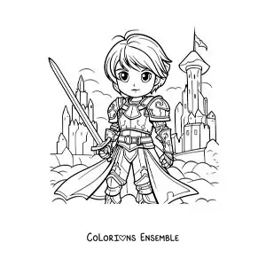 Image à colorier de Jeanne d'Arc en dessin animé, style manga, au cœur d'une bataille