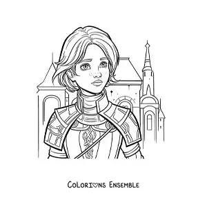 Image à colorier de Jeanne d'Arc en dessin animé, style comics, au cœur d'une bataille