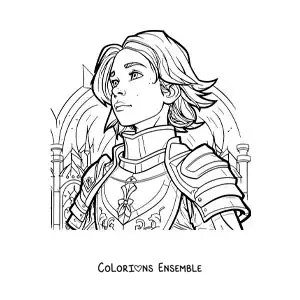 Image à colorier de Jeanne d'Arc en dessin animé, vêtue de son armure