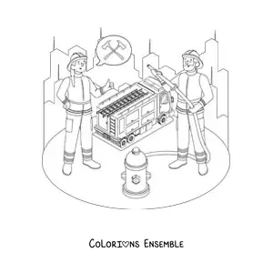 Image à colorier de deux pompiers et d’un camion de pompiers
