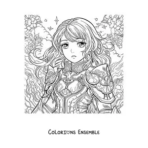 Image à colorier de sainte Jeanne d'Arc en dessin animé, style manga