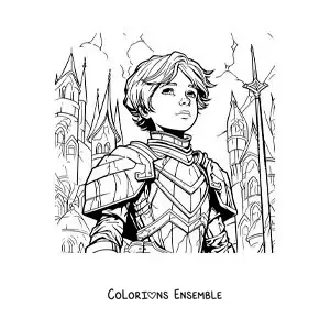 Image à colorier de sainte Jeanne d'Arc en dessin animé, style comics, au cœur d'une bataille