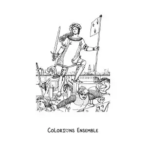 Image à colorier de sainte Jeanne d'Arc au cœur d'une bataille