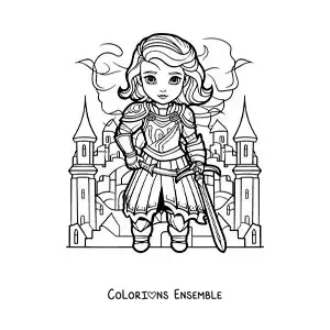 Image à colorier de Jeanne d'Arc kawaii, son épée à la main, au cœur d'une bataille