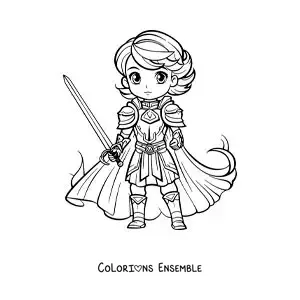 Image à colorier de Jeanne d'Arc kawaii, son épée à la main