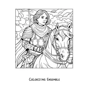 Image à colorier de Jeanne d'Arc en dessin animé, avec son cheval