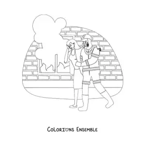 Image à colorier d’un pompier sauvant une femme des flammes