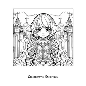 Image à colorier de sainte Jeanne d'Arc kawaii, style manga