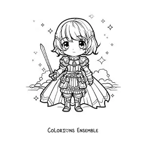 Image à colorier de sainte Jeanne d'Arc kawaii, style chibi