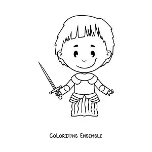 Image à colorier de Jeanne d'Arc en dessin animé, facile, pour les enfants