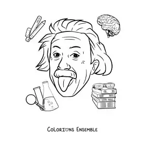 Image à colorier du scientifique Albert Einstein en dessin animé, tirant la langue