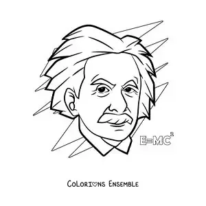 Image à colorier du scientifique Albert Einstein en dessin animé, avec une formule de physique