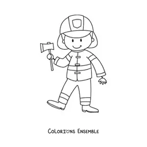 Image à colorier d’un pompier en dessin animé tenant une hache