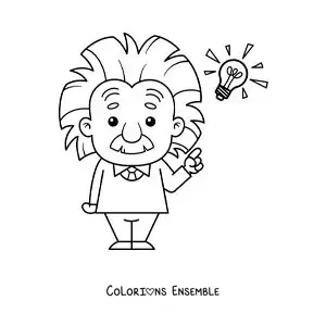 Image à colorier d'Albert Einstein en dessin animé, facile, avec une ampoule