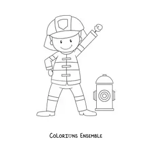 Image à colorier d’un pompier souriant en dessin animé à côté d’une bouche d’incendie