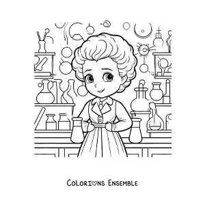 Image à colorier de Marie Curie en dessin animé, dans son laboratoire, pour les enfants