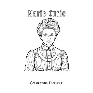 Image à colorier de Marie Curie en dessin animé, avec son nom