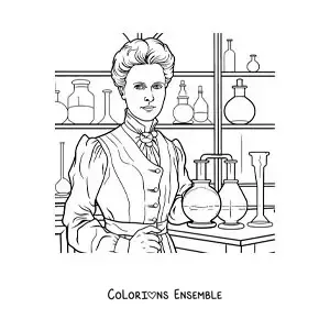 Image à colorier de Marie Curie en dessin animé, dans son laboratoire de chimie