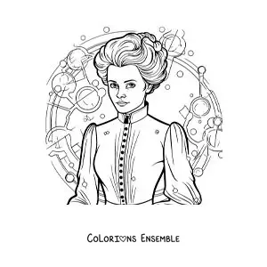 Image à colorier de la scientifique Marie Curie en dessin animé