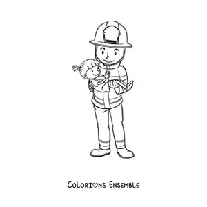 Image à colorier d’un pompier sauvant une petite fille