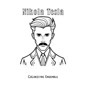 Image à colorier de Nikola Tesla en dessin animé, avec son nom